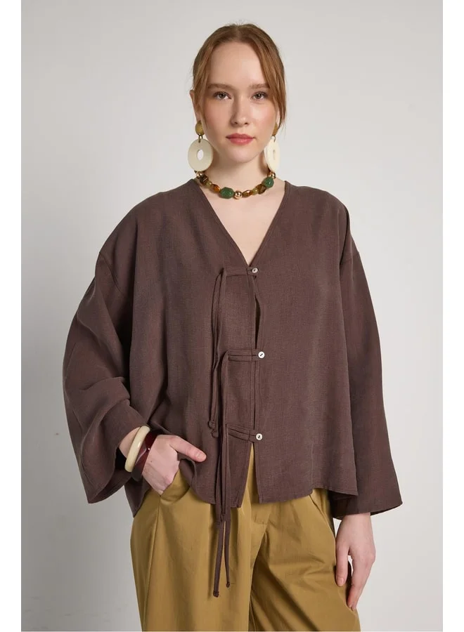 mina aise Oversized Tie-Front Premium Tencel Fabric Brown Women's Jacket 31011.