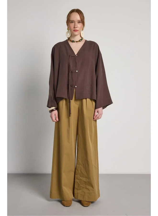 mina aise Oversized Tie-Front Premium Tencel Fabric Brown Women's Jacket 31011.