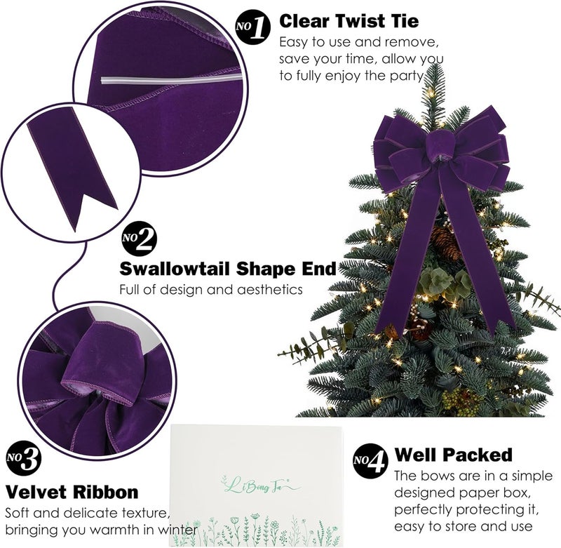 LiBongTa 13" Purple Bow Pre-Tied Bow for Christmas Tree, Purple Velvet Ribbon Bow for Wreaths, Tree Toppers Bow, Premade Bow, Gift Bow for Party Favor, Christmas Home Indoor Outdoor Decor-1 Counts - Image 3