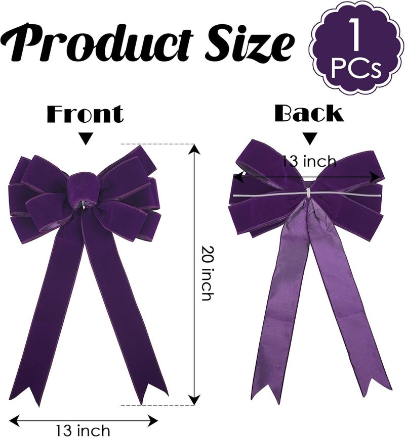 LiBongTa 13" Purple Bow Pre-Tied Bow for Christmas Tree, Purple Velvet Ribbon Bow for Wreaths, Tree Toppers Bow, Premade Bow, Gift Bow for Party Favor, Christmas Home Indoor Outdoor Decor-1 Counts - Image 2