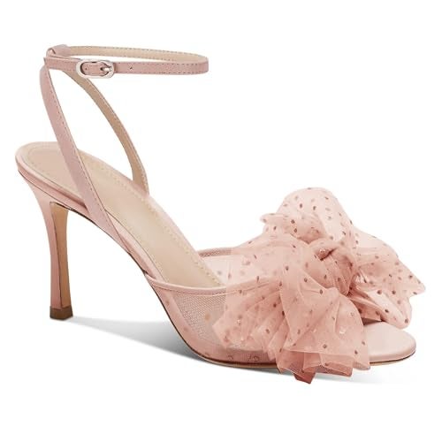 Coutgo Womens Bow Tie Heels Sandals Slingback Peep Toe Wedding Heels Mesh High Stiletto Heel Summer Cute Wedding Bridal Shoes Light Pink - Image 1