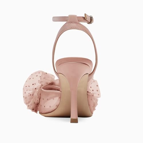 Coutgo Womens Bow Tie Heels Sandals Slingback Peep Toe Wedding Heels Mesh High Stiletto Heel Summer Cute Wedding Bridal Shoes Light Pink - Image 5