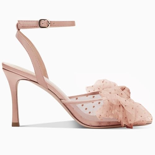 Coutgo Womens Bow Tie Heels Sandals Slingback Peep Toe Wedding Heels Mesh High Stiletto Heel Summer Cute Wedding Bridal Shoes Light Pink - Image 4