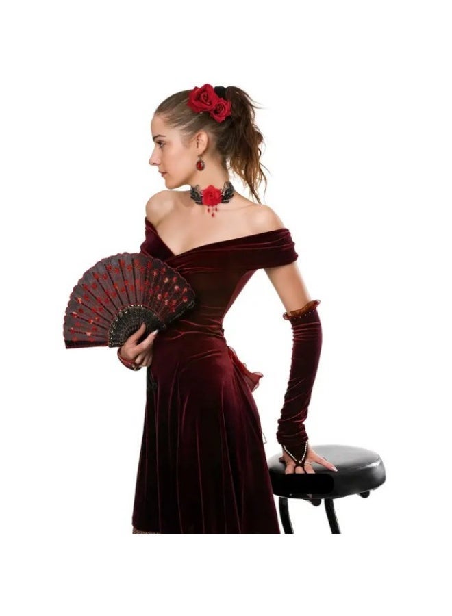 نيبمينينت Women Rose Flower Hair Clip and Embroidered Sequins Fabric Handheld Folding Fan Hair Accessories for Flamenco Dancer Costume Accessories Girl Cosplay Party - Image 4