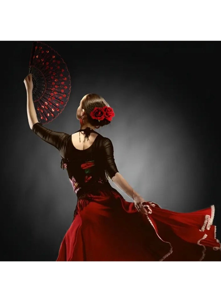 نيبمينينت Women Rose Flower Hair Clip and Embroidered Sequins Fabric Handheld Folding Fan Hair Accessories for Flamenco Dancer Costume Accessories Girl Cosplay Party - Image 5