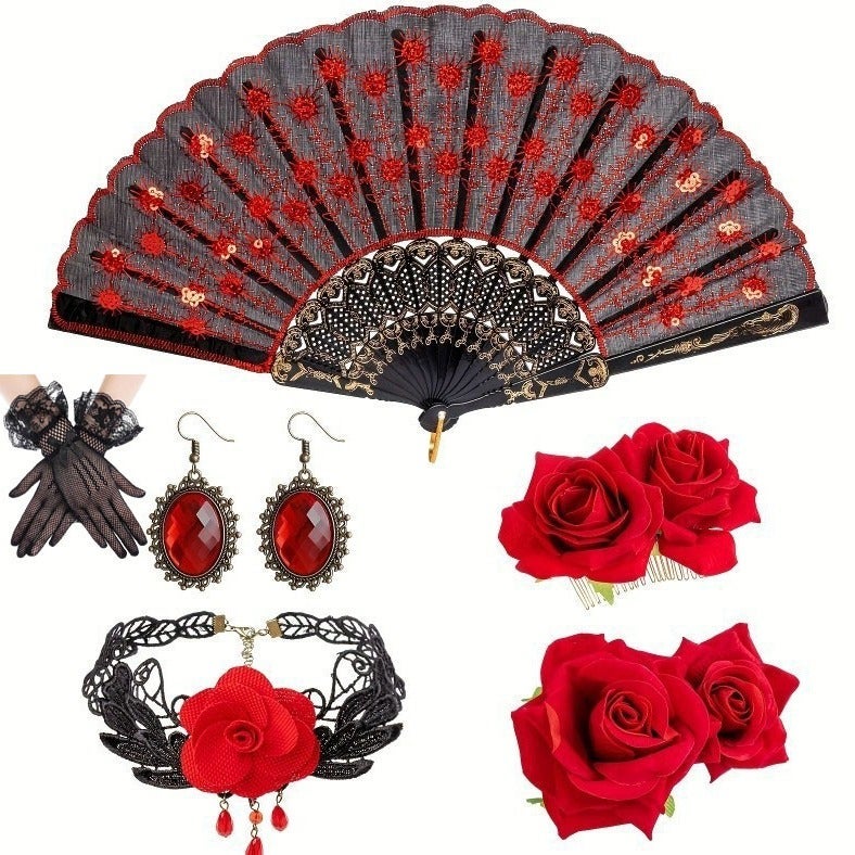 نيبمينينت Women Rose Flower Hair Clip and Embroidered Sequins Fabric Handheld Folding Fan Hair Accessories for Flamenco Dancer Costume Accessories Girl Cosplay Party - Image 1
