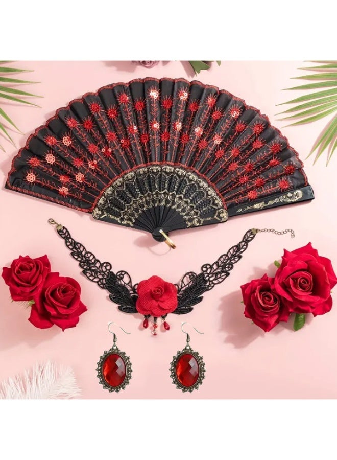 نيبمينينت Women Rose Flower Hair Clip and Embroidered Sequins Fabric Handheld Folding Fan Hair Accessories for Flamenco Dancer Costume Accessories Girl Cosplay Party - Image 2