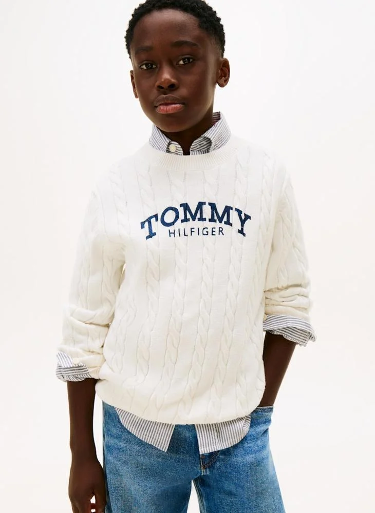 تومي هيلفيغر كنزة صوفية برسومات للأطفال بياقة دائرية