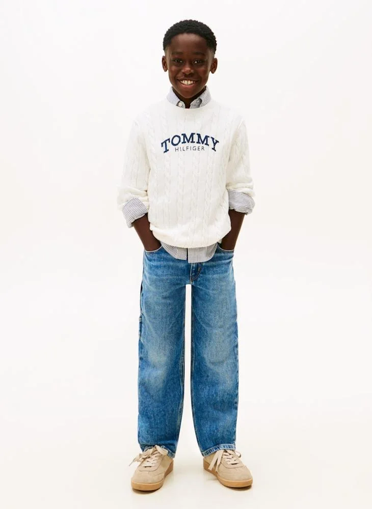 Tommy Hilfiger Ivory Silk Kids Graphic Cable Crew Neck Sweater for Men | Best Price UAE