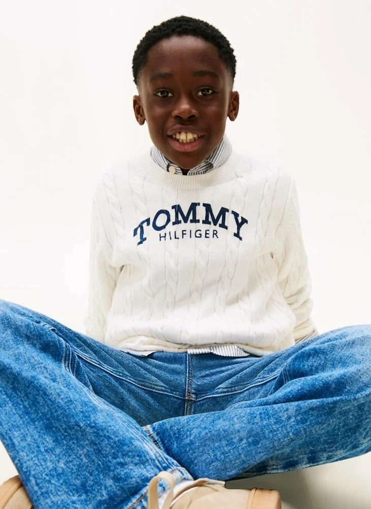 Tommy Hilfiger Ivory Silk Kids Graphic Cable Crew Neck Sweater for Men | Best Price UAE