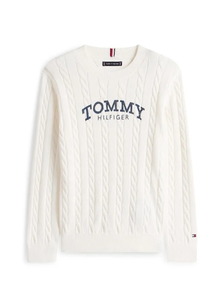 Tommy Hilfiger Ivory Silk Kids Graphic Cable Crew Neck Sweater for Men | Best Price UAE