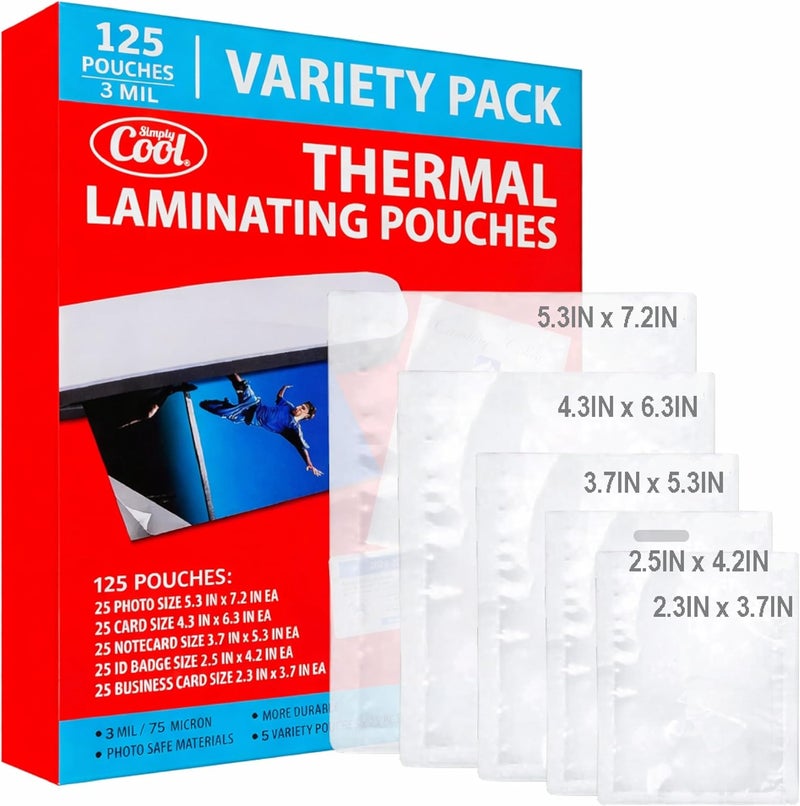 Simply Cool 3MIL Thermal Laminating Sheets (125 Count) Photo, Card, Notecard, ID Badge, and Business Card Sizes, Dry-Erase Friendly Laminating Pouches, Compatible with Laminators, Crystal Clear Laminated Finish - Image 1