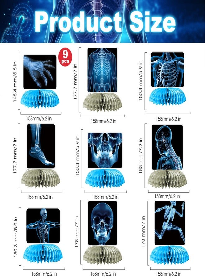 Ceonam 9 Pcs X-Ray Honeycomb Centerpieces, 3D Skeleton and Human Anatomy Tissue Paper Table Decorations with Skull, Hand, Spine, and More for Science Doctor Graduation, Clinic and Medical Party Supplies - Image 2