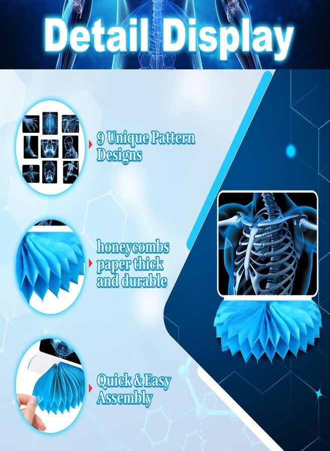 Ceonam 9 Pcs X-Ray Honeycomb Centerpieces, 3D Skeleton and Human Anatomy Tissue Paper Table Decorations with Skull, Hand, Spine, and More for Science Doctor Graduation, Clinic and Medical Party Supplies - Image 3
