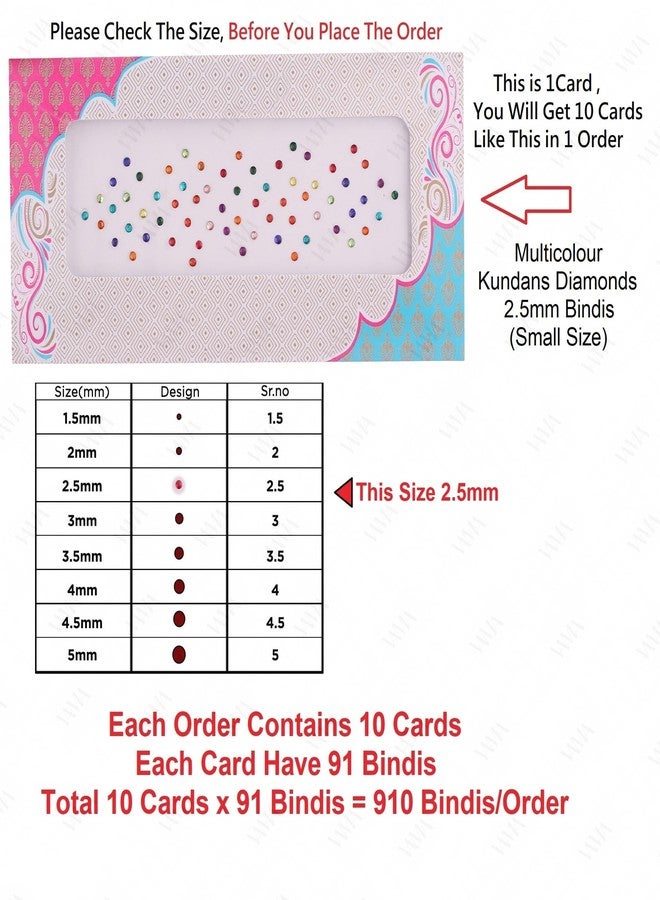 VAMA Rhinestone Multi Color Crystal Stone Bindi kumkum Sticker Diamond Cut Kundan Multicolour bindiya Bindis Set for Women (10 Cards) (Small Multicolour Bindi 2.5mm) - Image 4