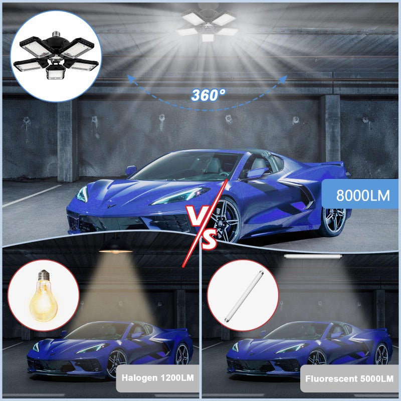 Aoretic 2-Pack LED Garage Lights 2 Pack-160W, 16000LM 6500K with 5+1 Deformable Panels, Indoor LED Shop Light Barn Light Garage Ceiling Lights, E26/E27 for Garages, Warehouse, Shop, Basement - Image 3