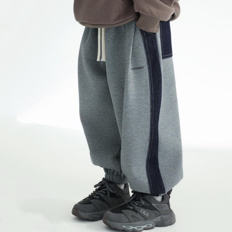 Boys' Side Spelling Denim Fleece-Lined Sports Casual Sweatpants Large Children'S Loose One-Piece Velvet Trousers Handsome High Street Trendy Cool - Image 2