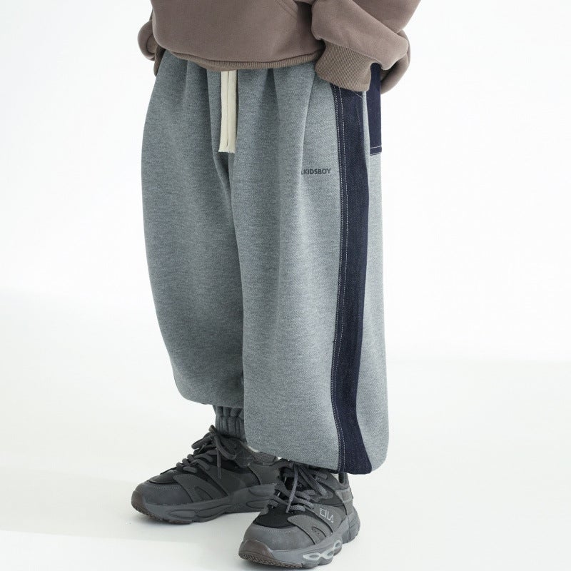 Boys' Side Spelling Denim Fleece-Lined Sports Casual Sweatpants Large Children'S Loose One-Piece Velvet Trousers Handsome High Street Trendy Cool - Image 1
