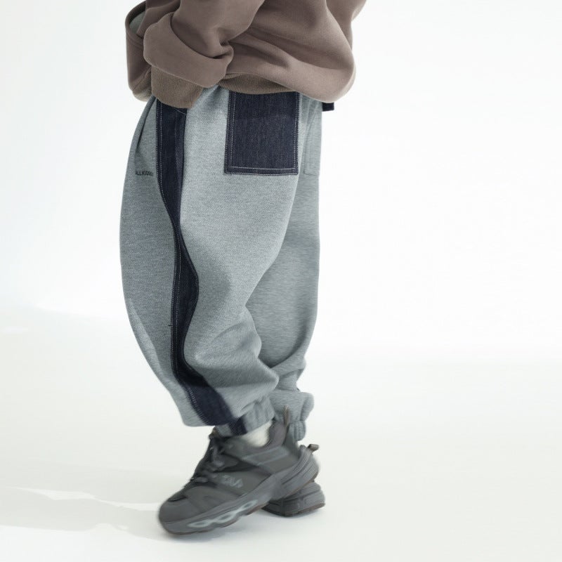 Boys' Side Spelling Denim Fleece-Lined Sports Casual Sweatpants Large Children'S Loose One-Piece Velvet Trousers Handsome High Street Trendy Cool - Image 5