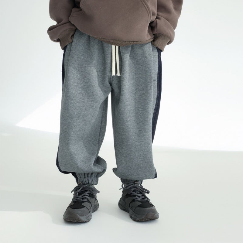 Boys' Side Spelling Denim Fleece-Lined Sports Casual Sweatpants Large Children'S Loose One-Piece Velvet Trousers Handsome High Street Trendy Cool - Image 4
