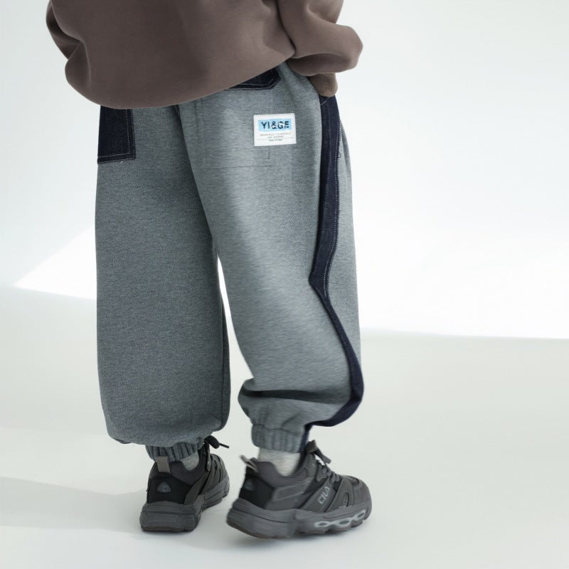 Boys' Side Spelling Denim Fleece-Lined Sports Casual Sweatpants Large Children'S Loose One-Piece Velvet Trousers Handsome High Street Trendy Cool - Image 3