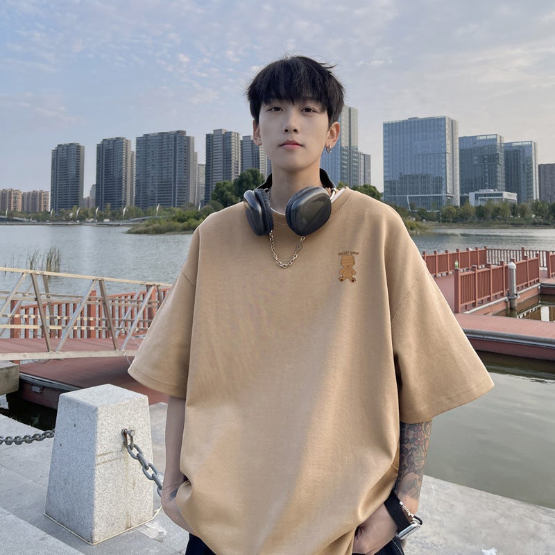 American Retro Khaki Short-Sleeved T-Shirt Men'S Summer Japanese Oversize Seven-Sleeve Loose Casual Half-Sleeve - Image 2