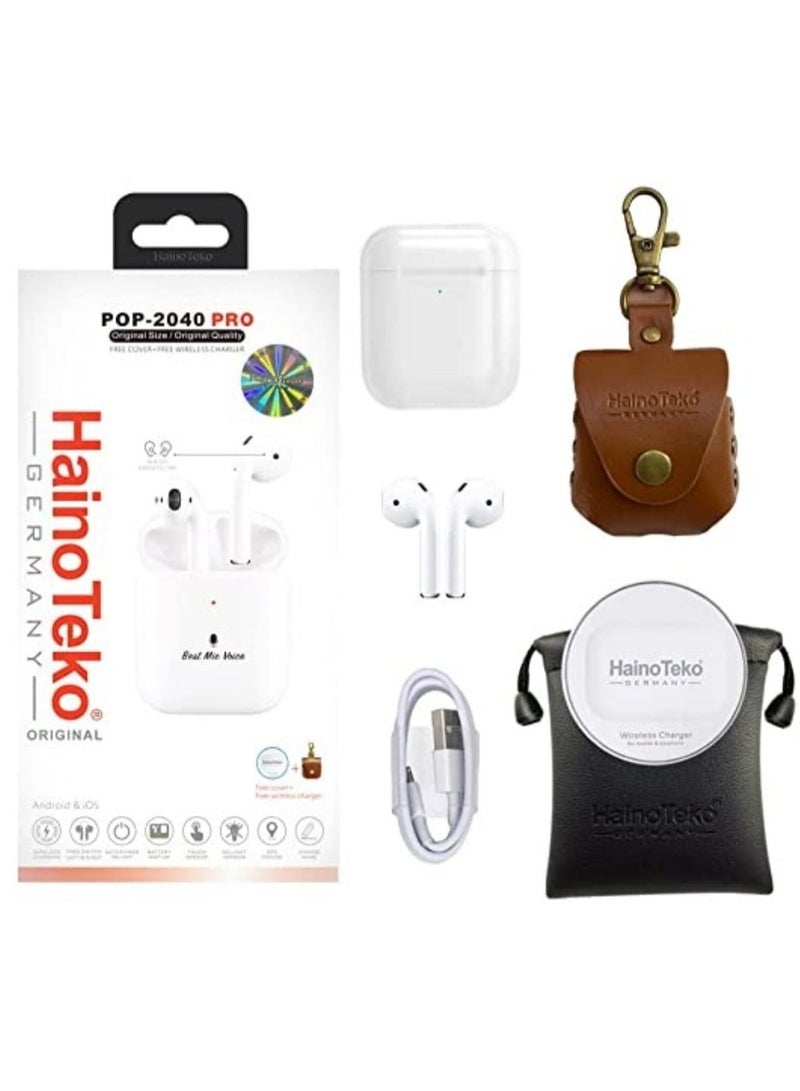 Haino Teko Wireless AirPod POP 2040 PRO In-Ear EarPod, Bluetooth Earphone, Compatible For iPhones And Androids With Leather Cover Case and Wireless Charger - White | - Image 1