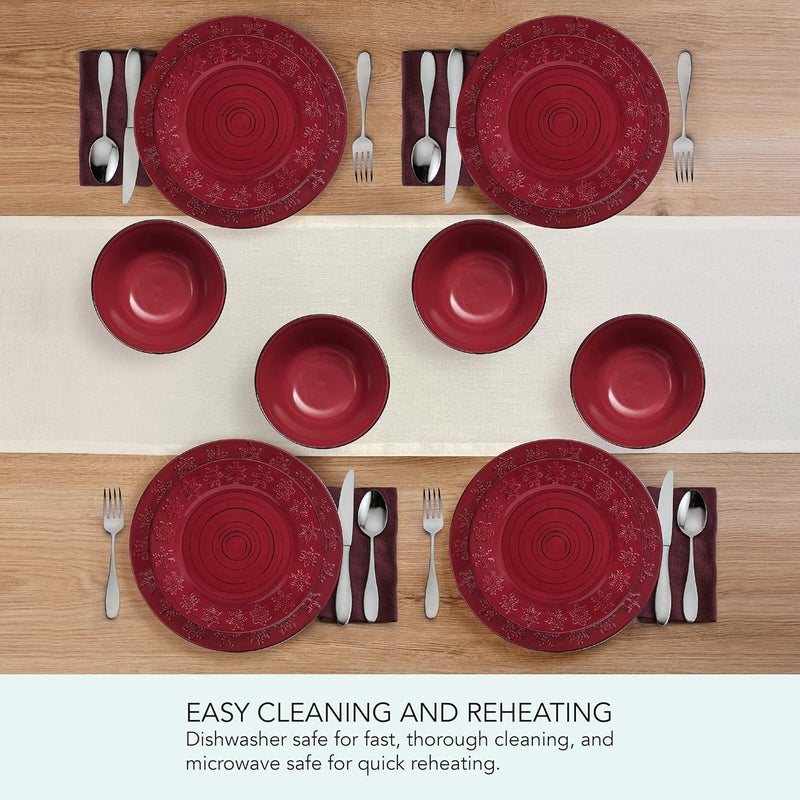 Pfaltzgraff Trellis Snowflakes 12 Piece Dinnerware Set Service For 4 Red - Image 4
