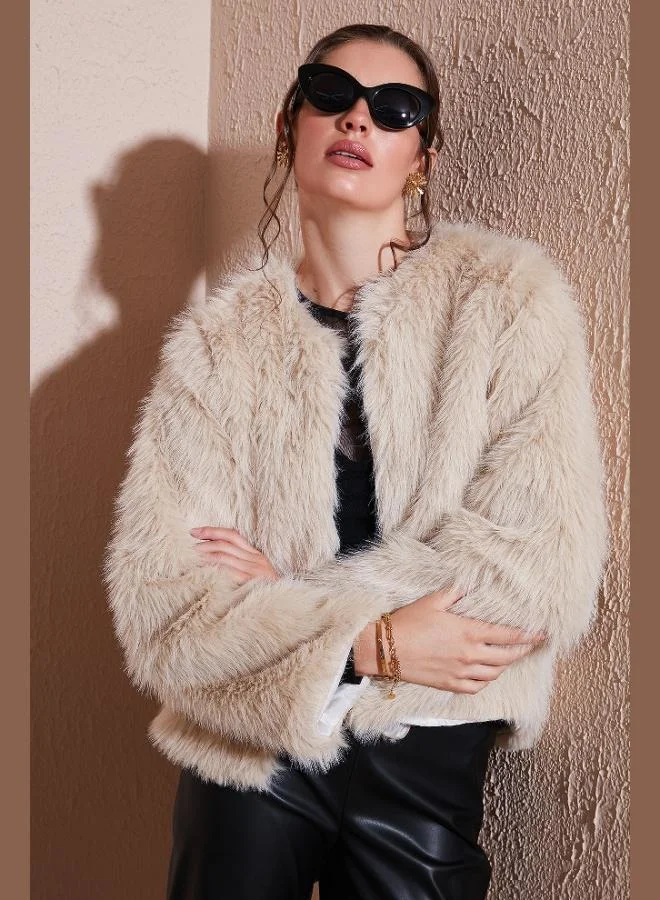 ليلا ليلا فرو نسائي مبطن بياقة دائرية مقاس كبير فرو