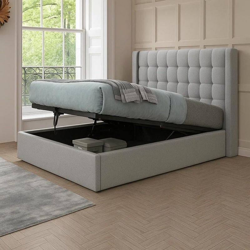 R2R FURNITURE إطار سرير سوبر كين مبطن مع تخزين، 200 × 200 سم، رفع غاز، رمادي - Image 1