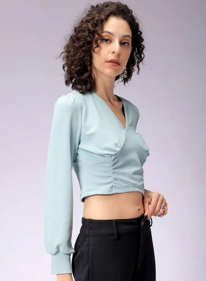 Women Regular Fit Textured V-Neck Long Sleeve Crop Top