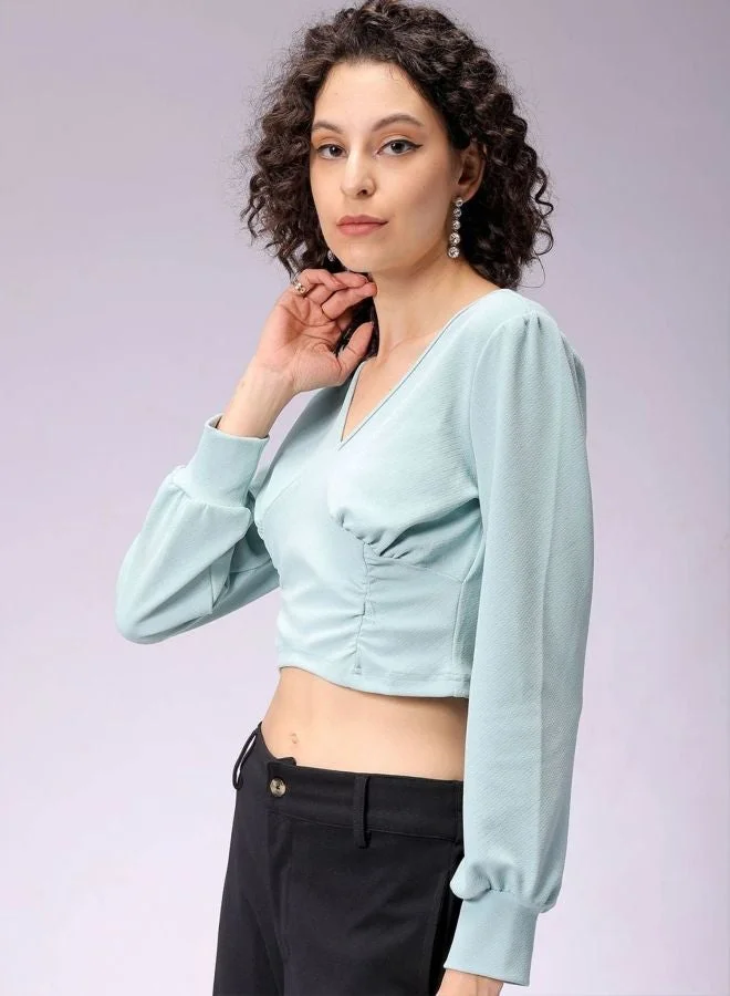 Freehand  Women Regular Fit Textured V-Neck Long Sleeve Crop Top  | Best Price UAE