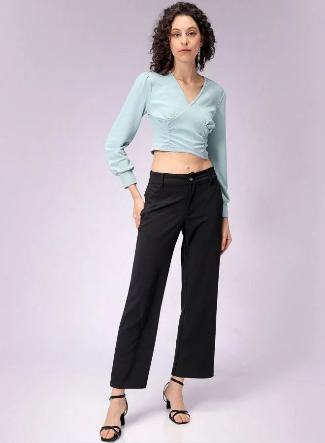 Freehand  Women Regular Fit Textured V-Neck Long Sleeve Crop Top  | Best Price UAE
