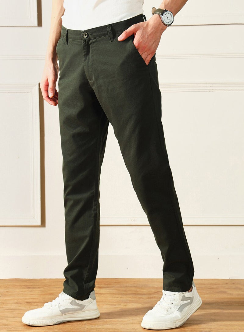 Dennis Lingo Men'S Dark Green 100% Cotton Solid Pattern Full Length Chinos Slim Fit Trouser - Image 2