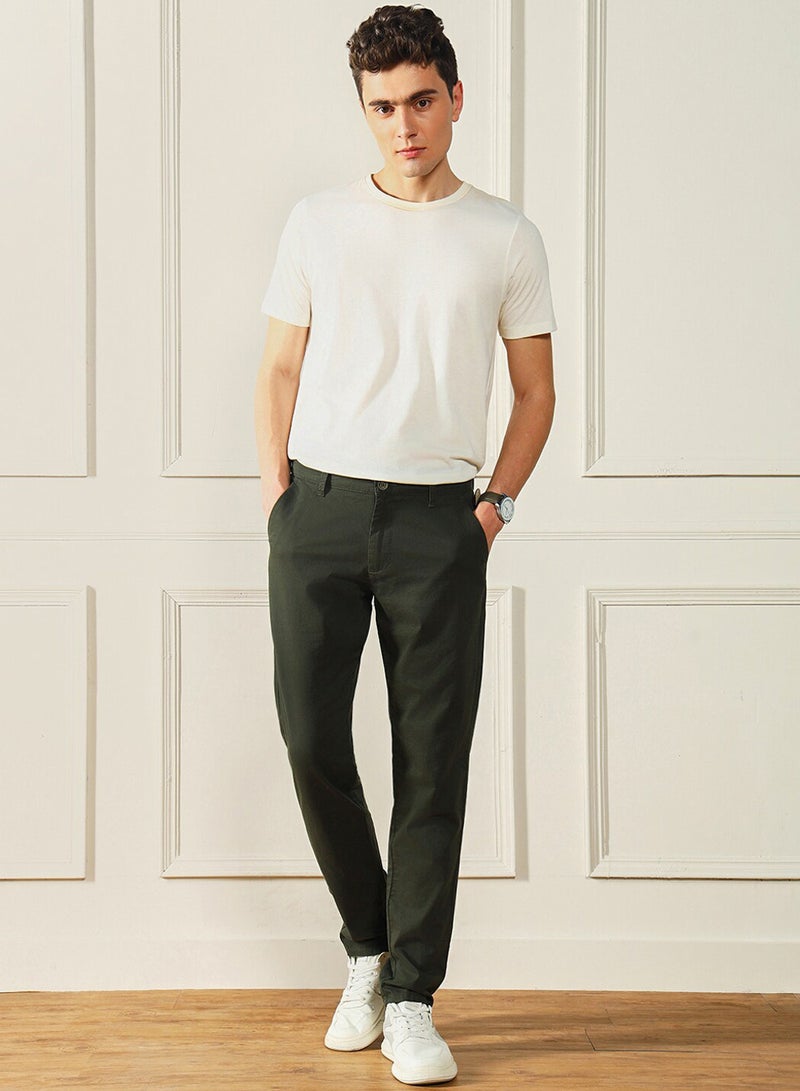 Dennis Lingo Men'S Dark Green 100% Cotton Solid Pattern Full Length Chinos Slim Fit Trouser - Image 4