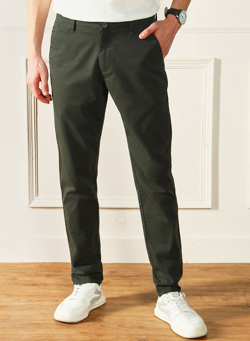 Dennis Lingo Men'S Dark Green 100% Cotton Solid Pattern Full Length Chinos Slim Fit Trouser - Image 1