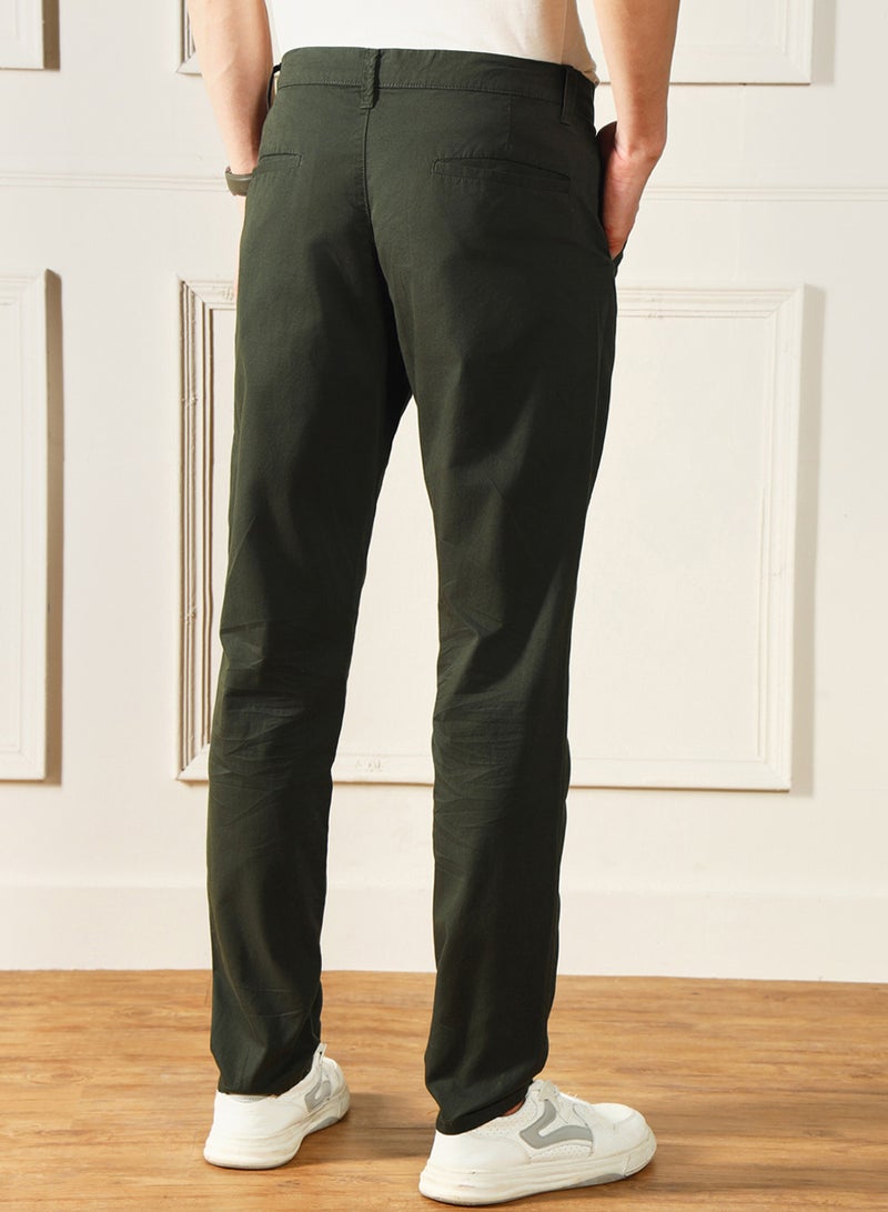 Dennis Lingo Men'S Dark Green 100% Cotton Solid Pattern Full Length Chinos Slim Fit Trouser - Image 3