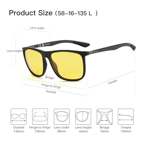 ZENOTTIC Night Vision Glasses for Men Square Carbon Fiber Sunglasses Reduce Glare Yellow Lens HD Polarized Night Driving Glasses - Image 4