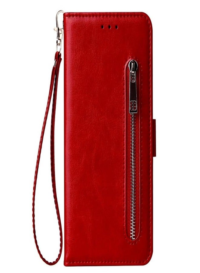 TELETEL Zipper Series Flip Mobile Cover Pu Leather | Card & Cash Pockets | Magnetic Loop | Front Zip Lock Wallet Case (Red) for One Plus 5 - Image 1