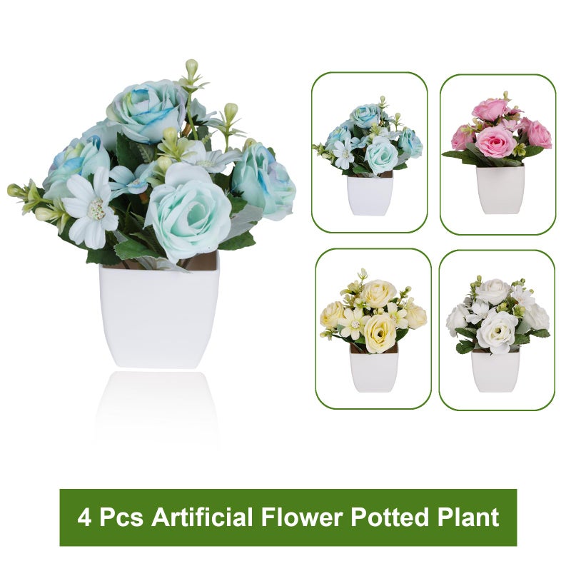 Yoratee Small Fake Plants 4Packs Artificial Rose Potted Flower Plant for Home Farmhouse Outdoor Decor - Image 3