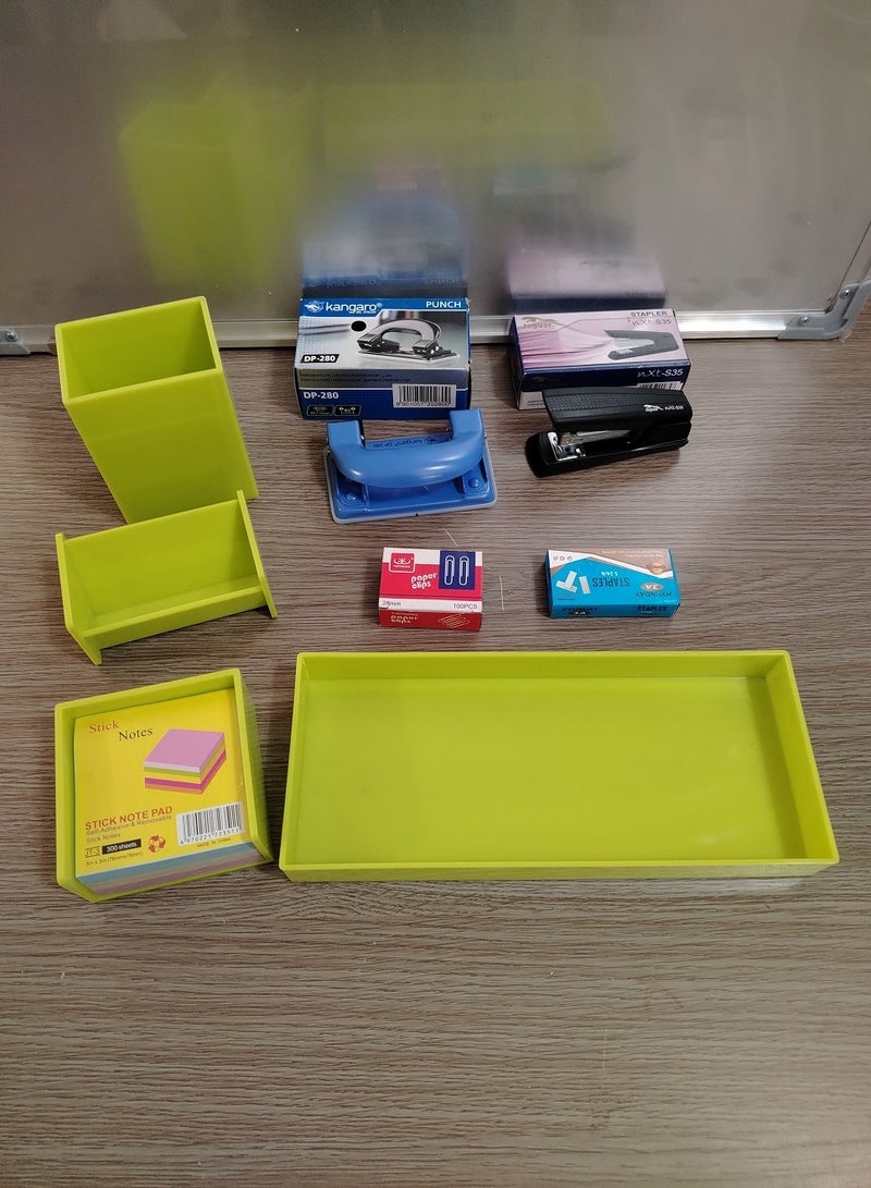 طقم مكتب 4 قطعة اخضر اللون + 4 قطعة (دباسة وخرامة وعلبة دبابيس دباسة وعلبة دبوس مشبك )  - Image 2