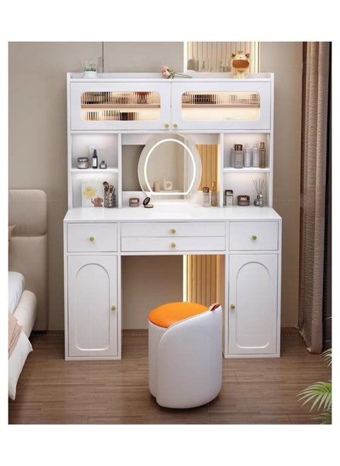 Modern Simple Designs High-end Combination Dressing Table with Mirror and Lights Adjustable Multiple Storage Cabinet Drawers Included Stool Perfect for Bedroom White