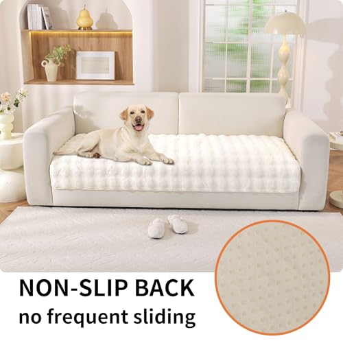 Hittun Waterproof Dog Bed Cover Non Slip Couch Covers for Dogs Washable Soft Faux Fur Sofa Cover Couch Covers for 3 Cushion Couch Sofa Pet Friendly (Off White) - Image 2