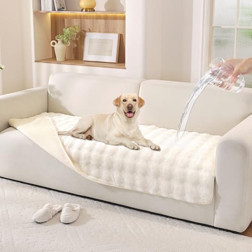 Hittun Waterproof Dog Bed Cover Non Slip Couch Covers for Dogs Washable Soft Faux Fur Sofa Cover Couch Covers for 3 Cushion Couch Sofa Pet Friendly (Off White) - Image 1