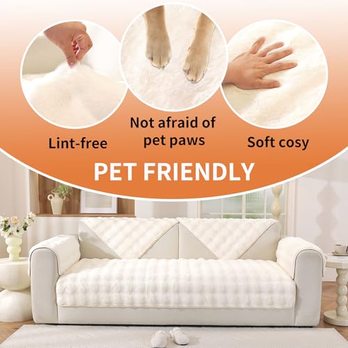 Hittun Waterproof Dog Bed Cover Non Slip Couch Covers for Dogs Washable Soft Faux Fur Sofa Cover Couch Covers for 3 Cushion Couch Sofa Pet Friendly (Off White) - Image 5