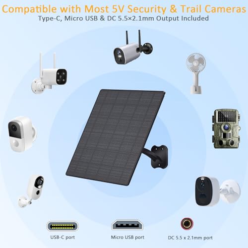 Zivif 10W Solar Panel for Security Cameras, 5V Solar Charger with USB-C/Micro USB/DC 5.5x2.1mm Ports, IP66 Waterproof, Adjustable Mount & 7.2FT Cable - Image 3