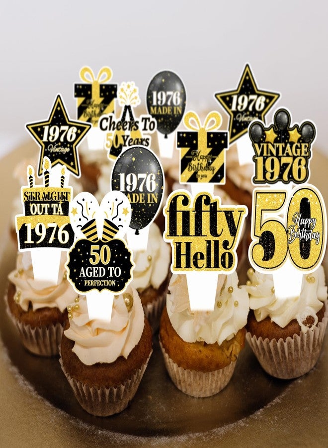 wuhuzsm 36PCS 50th Birthday Cupcake Toppers, Black Gold Fifty Hello 50 Straight Outta 1976 Cupcake Picks 50 Fabulous Cheers to 50 Years, 50th Birthday Party Decorations - Image 4