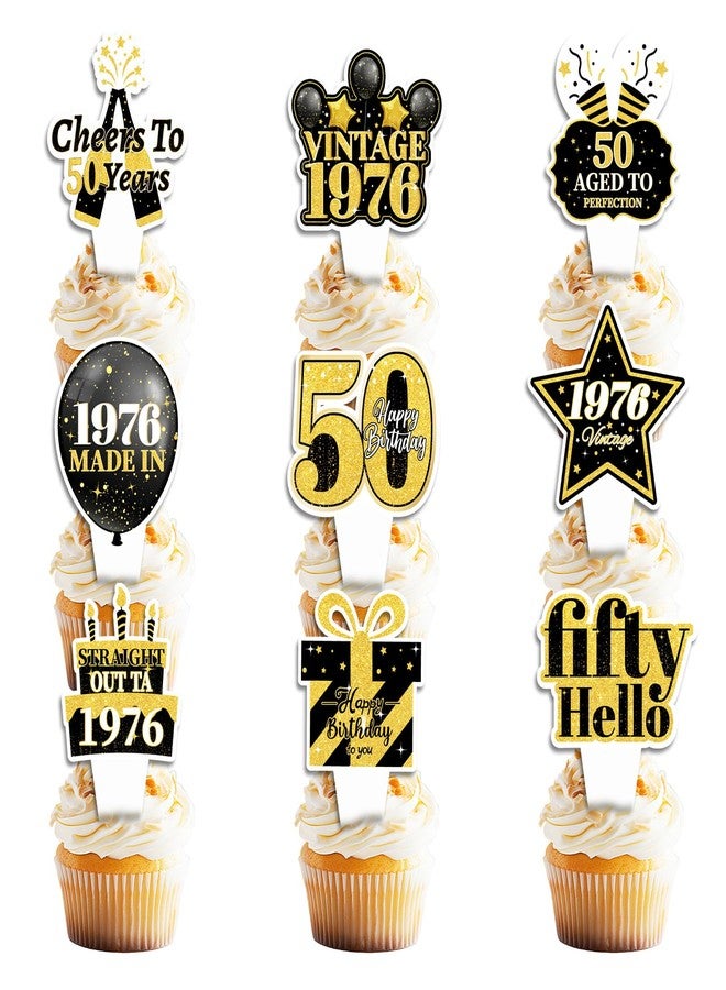 wuhuzsm 36PCS 50th Birthday Cupcake Toppers, Black Gold Fifty Hello 50 Straight Outta 1976 Cupcake Picks 50 Fabulous Cheers to 50 Years, 50th Birthday Party Decorations - Image 1