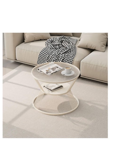 Glass Coffee Table, Small Central Desk for Living Room, Round End Table with Storage Shelf for Home Sofa, Creative Design Glass Tea Table for Garden,Glass Nightstand Table for Bedroom Bedside (White)