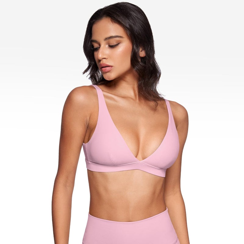 INGIA Womens Deep V-Neck Sports Bra Padded Low Impact Fitness Yoga Bra U Back Wireless Workout Bra Contour Crop Top Milk Pink Small - Image 3